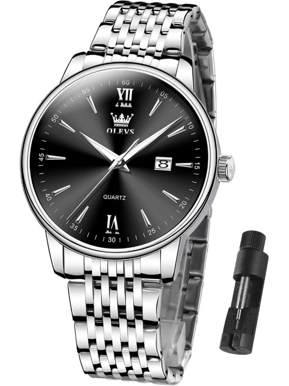 Men's Silver Black Big Dial Analog Quartz Stainless Relojes Waterproof Watch